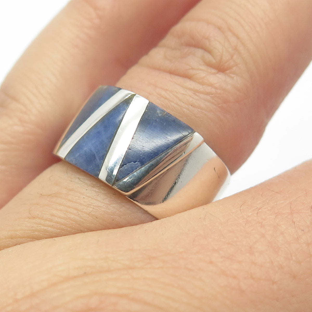 950 Silver Vintage Real Sodalite Gemstone Geometric Ring Size 6.75