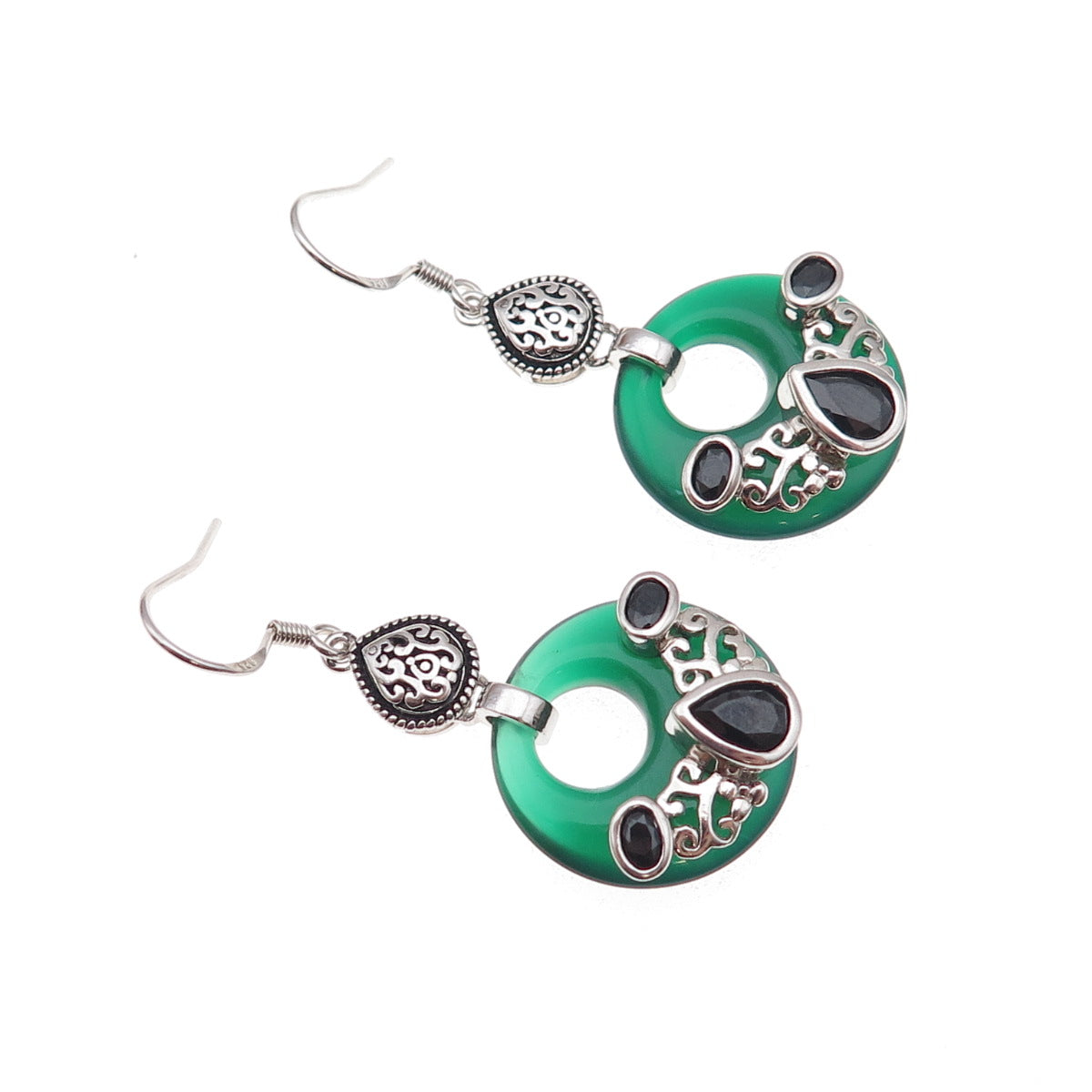 925 Sterling Silver Vintage Real Black & Green Onyx Oxidized Dangle Earrings