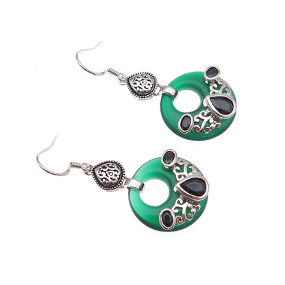 925 Sterling Silver Vintage Real Black & Green Onyx Oxidized Dangle Earrings