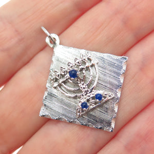 M&M MARK MERCY 925 Sterling Vintage Blue Rhinestone Menorah Charm Pendant
