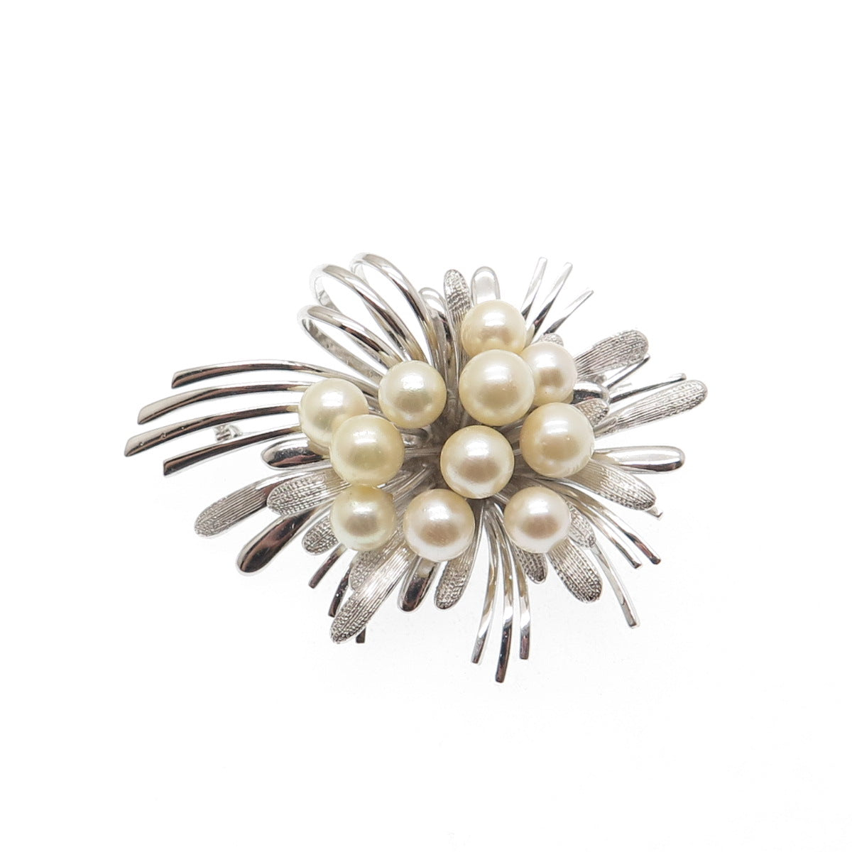 925 Sterling Silver Vintage Real Pearl Modernist Flower Pin Brooch