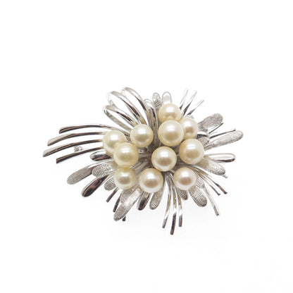 925 Sterling Silver Vintage Real Pearl Modernist Flower Pin Brooch