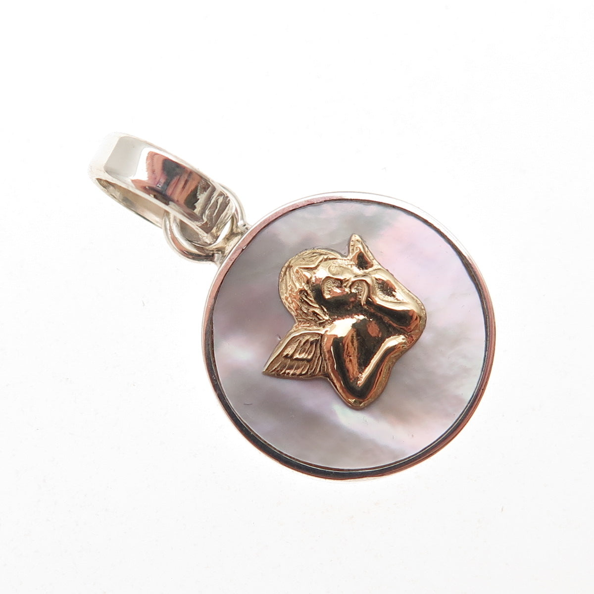 950 Silver 18K Gold Vintage Real MOP Cherub Charm Pendant