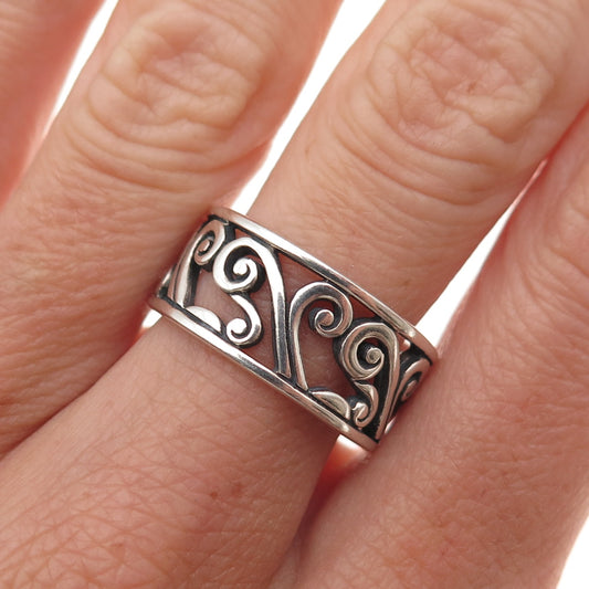 925 Sterling Silver Vintage Floral Scroll Oxidized Band Ring Size 7.75