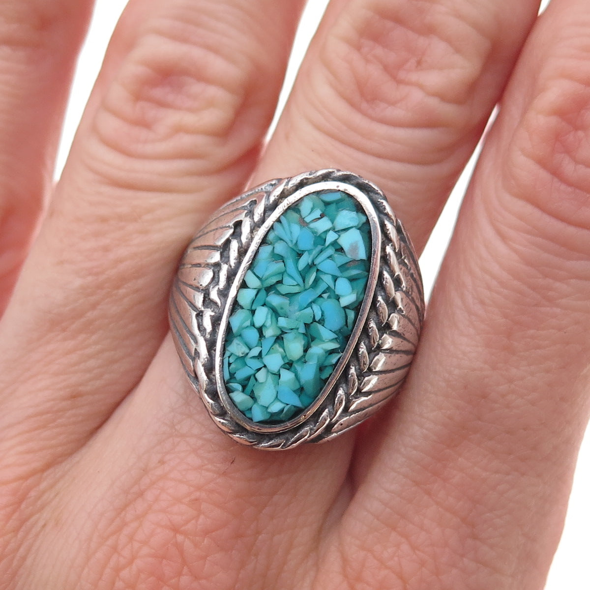 James Francisco Old Pawn Sterling Silver Vintage Turquoise Inlay Ring Size 8.75