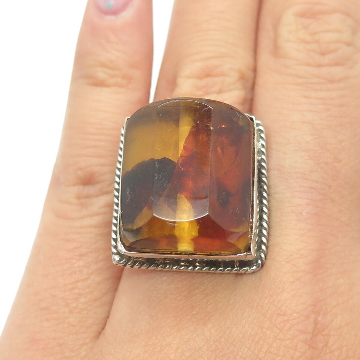 925 Sterling Silver Vintage Real Amber Modernist Statement Ring Size 6.75