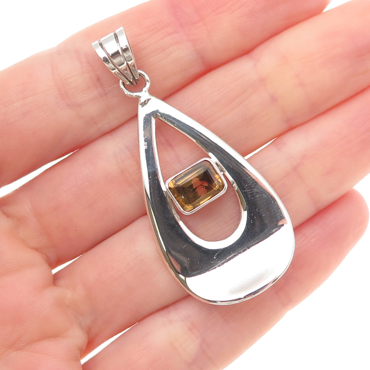925 Sterling Silver Vintage Real Citrine Modernist Teardrop Charm Pendant