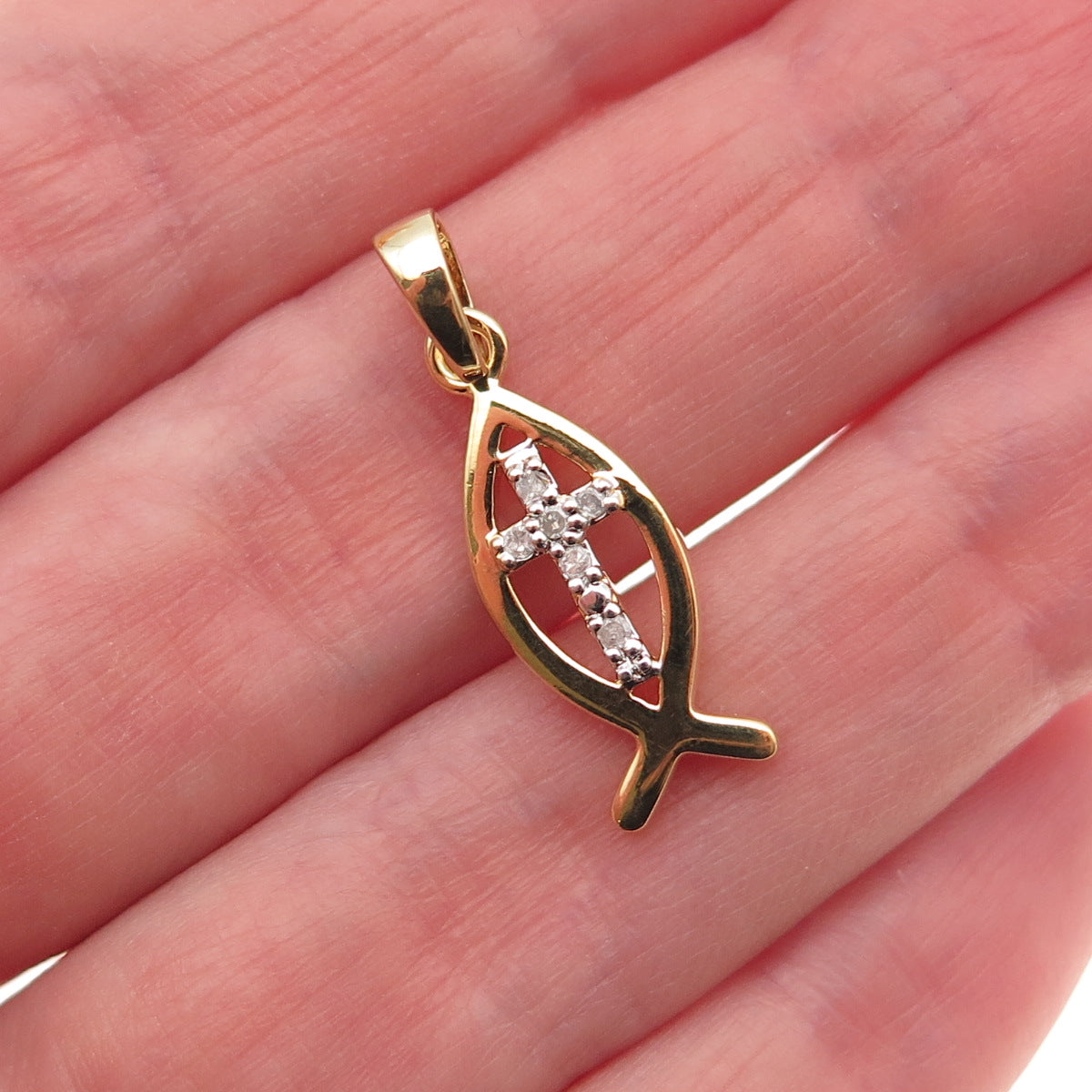 925 Sterling Silver Gold Plated Real Diamond Cross Ichthys Mini Charm Pendant