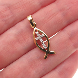 925 Sterling Silver Gold Plated Real Diamond Cross Ichthys Mini Charm Pendant