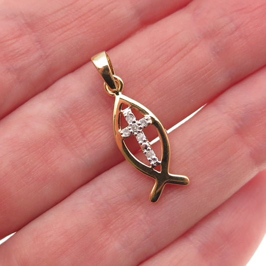 925 Sterling Silver Gold Plated Real Diamond Cross Ichthys Mini Charm Pendant