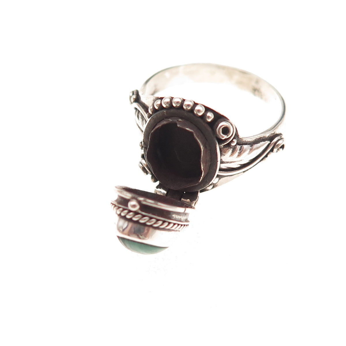 925 Sterling Silver Vintage Real Malachite Oxidized Poison Ring Size 4.75
