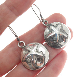 925 Sterling Silver Vintage Mexico Sand Dollar Oxidized Dangle Earrings