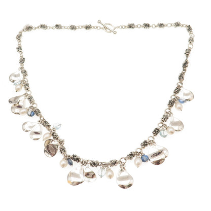 Michael Dawkins Sterling Silver Real Blue Topaz & Pearl Petal Chain Necklace 20"