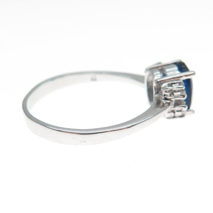 925 Sterling Silver Real Oval-Cut Blue Spinel & Round-Cut C Z Ring Size 7.75