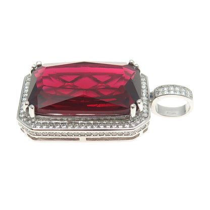 925 Sterling Silver Radiant-Cut Red Glass & Round-Cut C Z Pendant