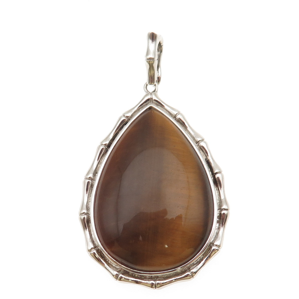 925 Sterling Silver Vintage Real Tiger Eye Bamboo Teardrop Pendant