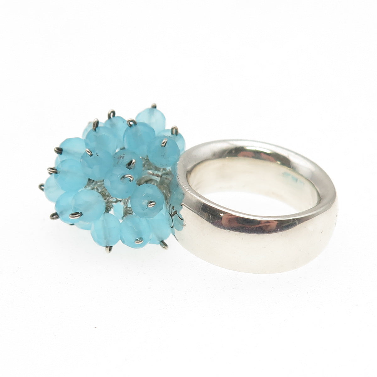 925 Sterling Silver Vintage Real Blue Sky Quartz Dangle Beads Ring Size 5