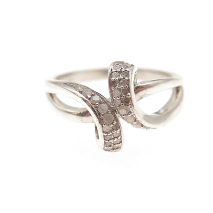 925 Sterling Silver Real Round-Cut Diamond Bypass Ring Size 8.25