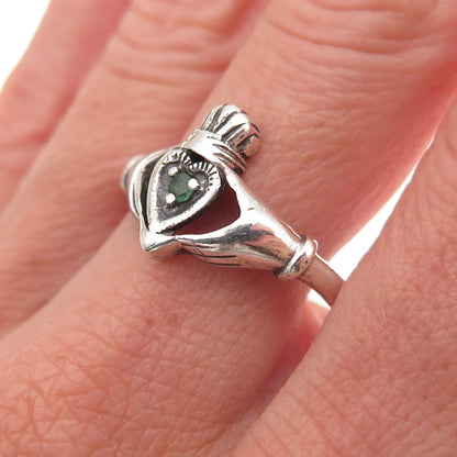 Nevada 925 Sterling Silver Vintage Real Emerald Irish Claddagh Ring Size 11.25