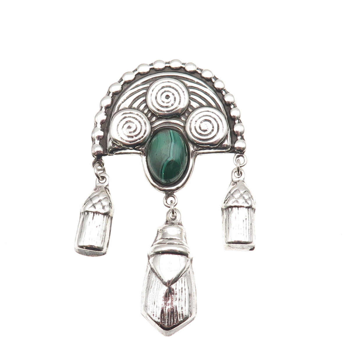 925 Sterling Silver Vintage Real Malachite Aztec Goddess Oxidized Pin Brooch