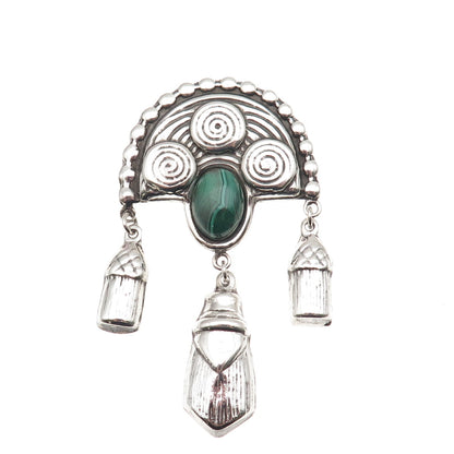 925 Sterling Silver Vintage Real Malachite Aztec Goddess Oxidized Pin Brooch