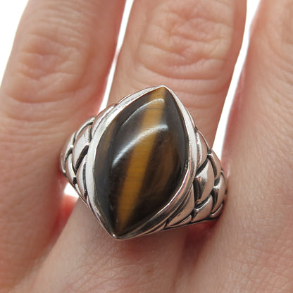 SX SALLY C Sterling Silver Vintage Real Tiger Eye Woven Oxidized Ring Size 8.25
