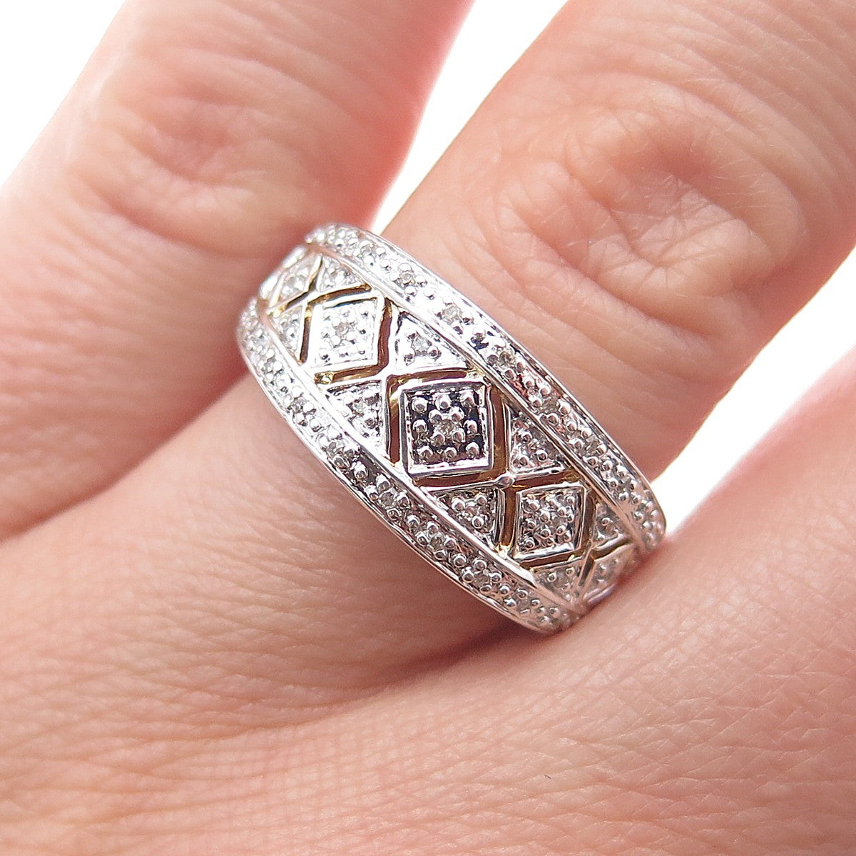 SUN 925 Sterling Silver Real Round-Cut Diamond Mom Ring Size 7