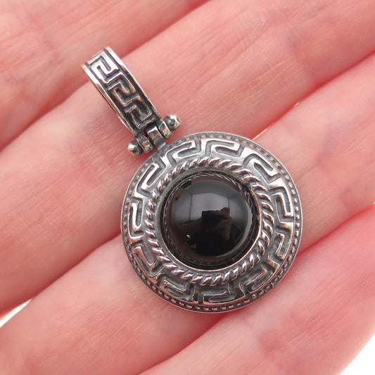 MILOR 925 Sterling Silver Vintage Italy Real Black Onyx Greek Key Charm Pendant