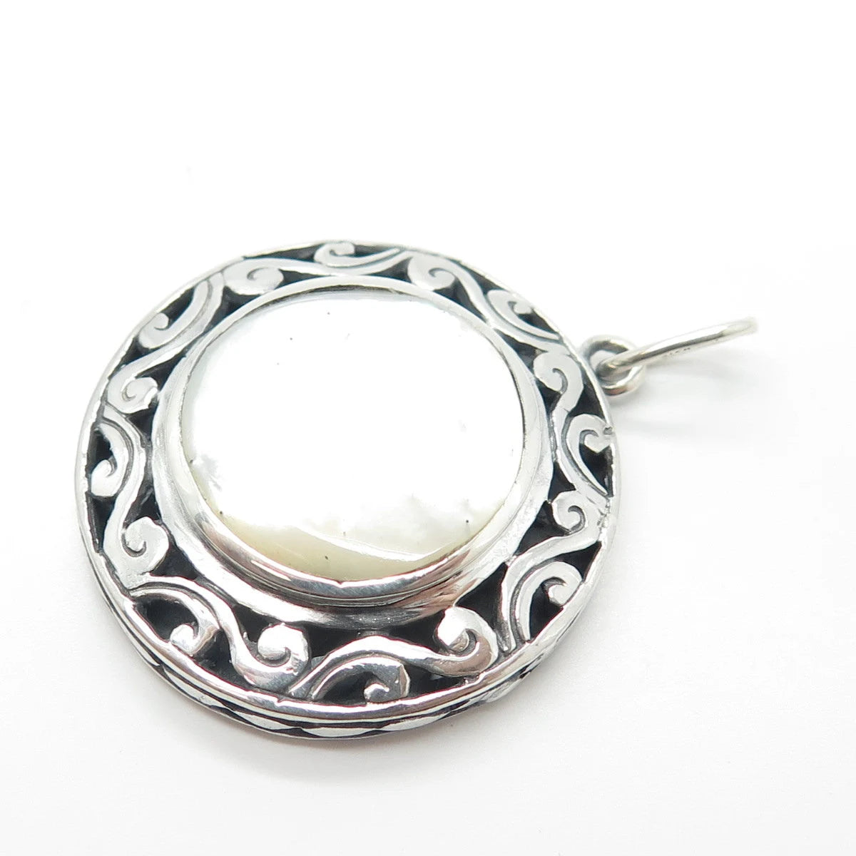 925 Sterling Silver Vintage Real Mother-of-Pearl Ornate Pendant
