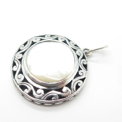 925 Sterling Silver Vintage Real Mother-of-Pearl Ornate Pendant