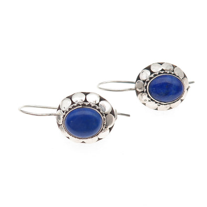 925 Sterling Silver Vintage Real Lapis Dotted Oxidized Earrings