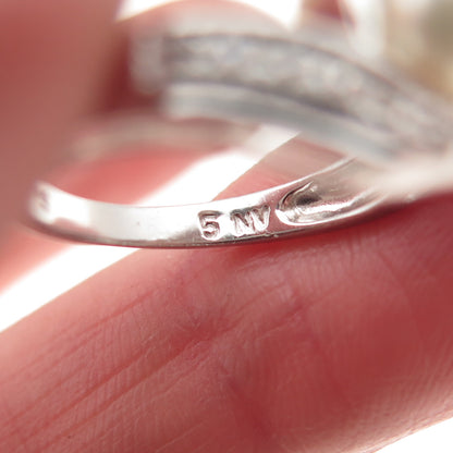 925 Sterling Silver Vintage Real Pearl & C Z Bypass Ring Size 5