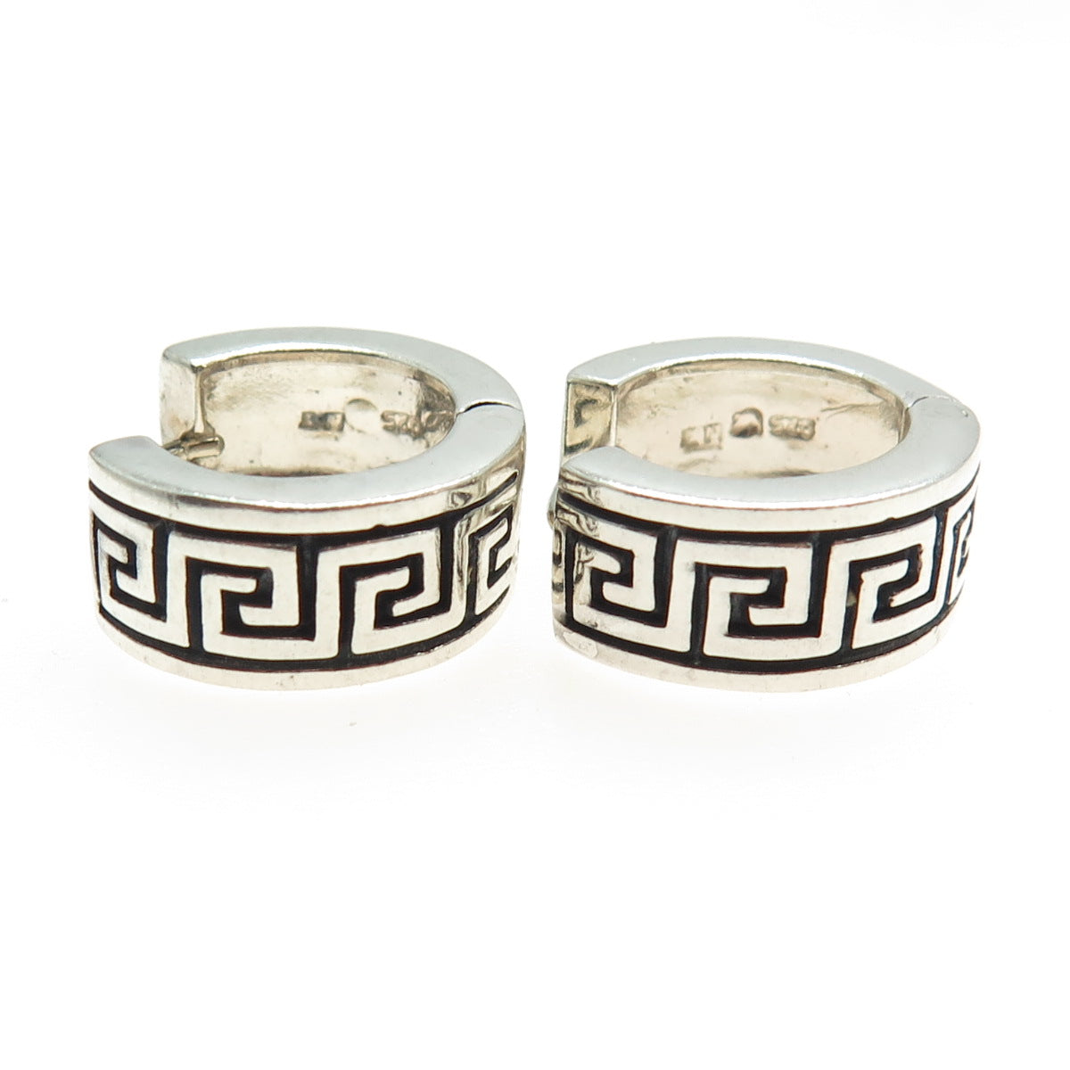 925 Sterling Silver Vintage Greek Maze Hinged Hoop Earrings