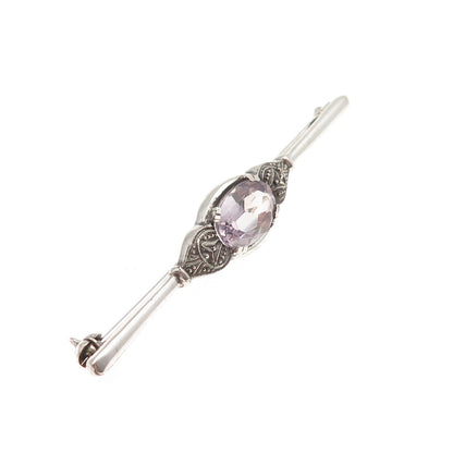 835 Silver Vintage Real Oval-Cut Amethyst Oxidized Bar Pin Brooch