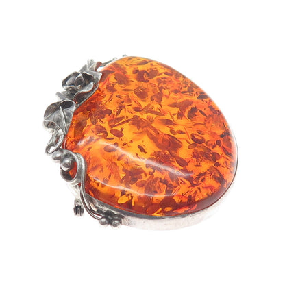 925 Sterling Silver Vintage DC Poland Real Amber Rose Flower Modernist Brooch