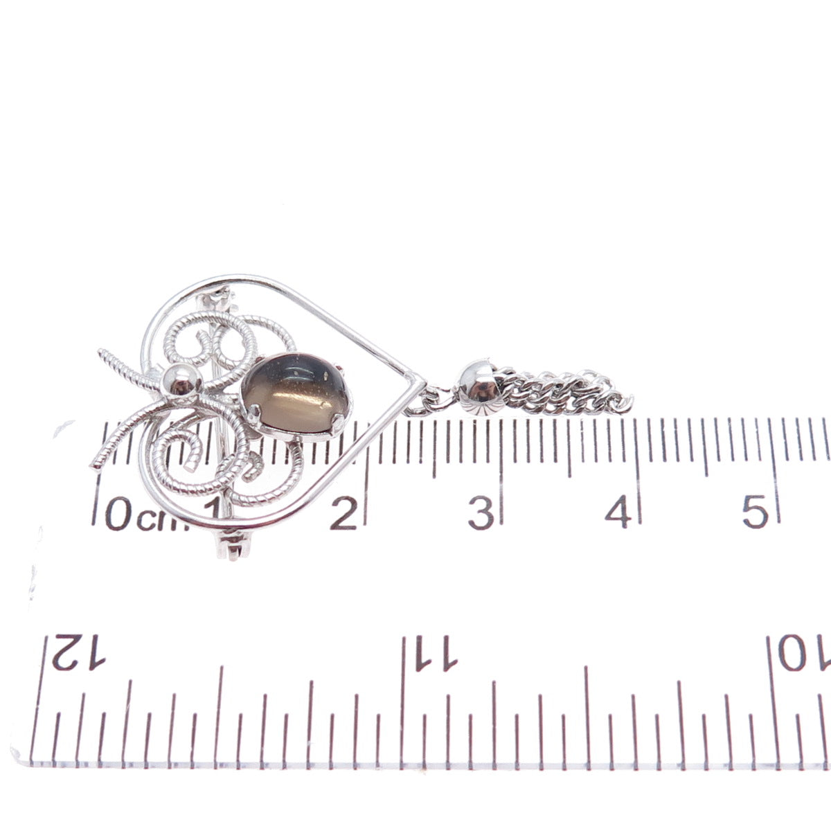 WELLS Sterling Silver Vintage Real Smoky Quartz Butterfly Heart Tassel Brooch