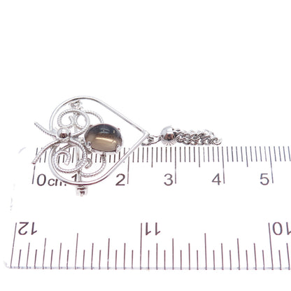 WELLS Sterling Silver Vintage Real Smoky Quartz Butterfly Heart Tassel Brooch