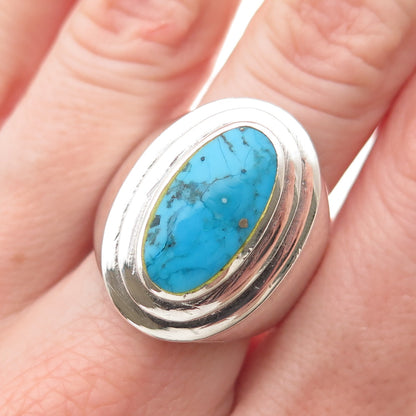 925 Sterling Silver Vintage Real Turquoise Modernist Ring Size 11