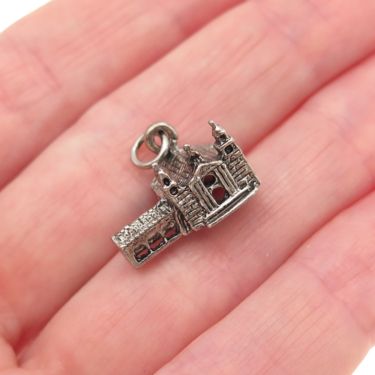 925 Sterling Silver Vintage Old Church Oxidized Mini 3D Charm Pendant