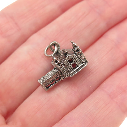 925 Sterling Silver Vintage Old Church Oxidized Mini 3D Charm Pendant