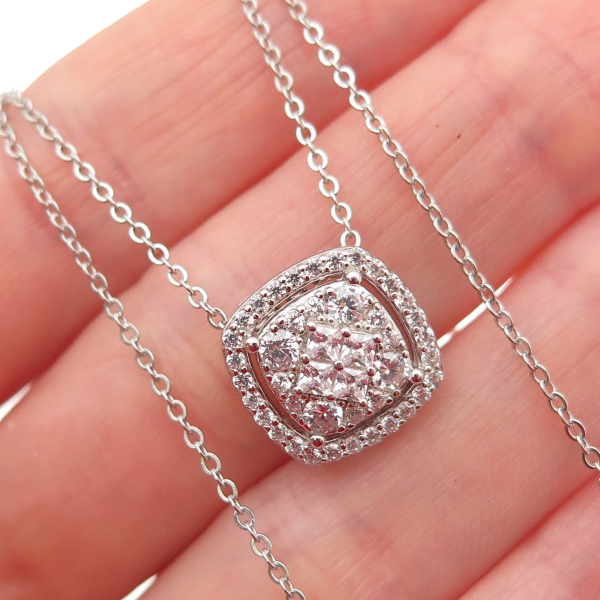 DEE BERKLE 925 Sterling Silver Round & Princess-Cut C Z Chain Necklace 16-18"