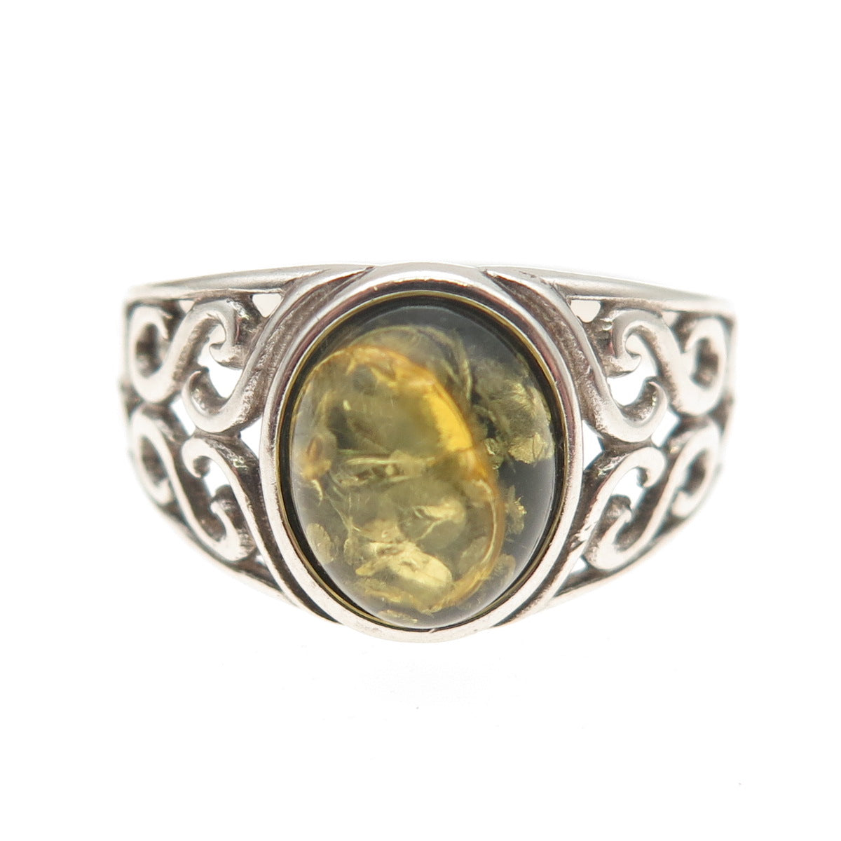 GILLIE & CO. 925 Sterling Silver Vintage Real Amber Swirl Heart Ring Size 9