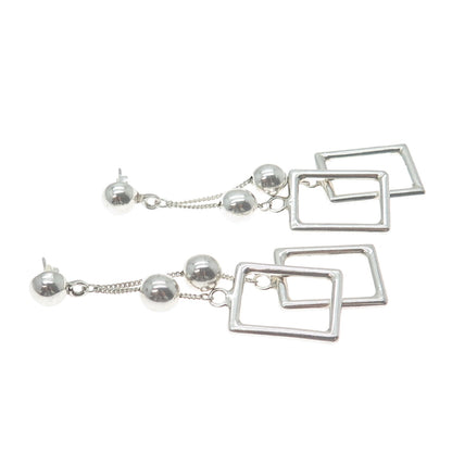 925 Sterling Silver Vintage Modernist Drop Ball & Frame Dangle Earrings