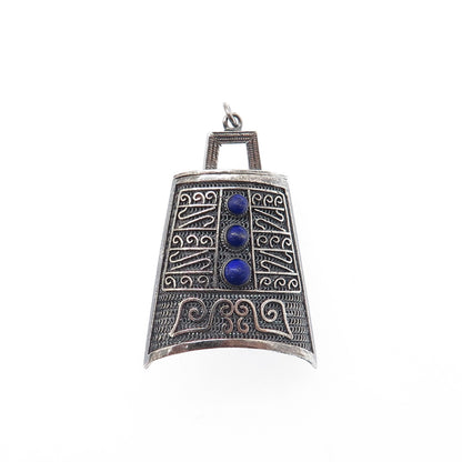 925 Sterling Silver Antique Real Lapis Chatelaine Filigree Box Oxidized Pendant