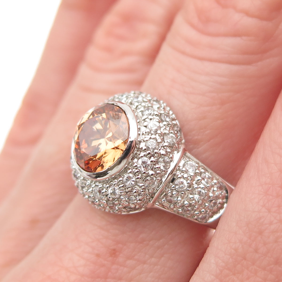 925 Sterling Silver Round-Cut Imperial & White C Z Ring Size 7