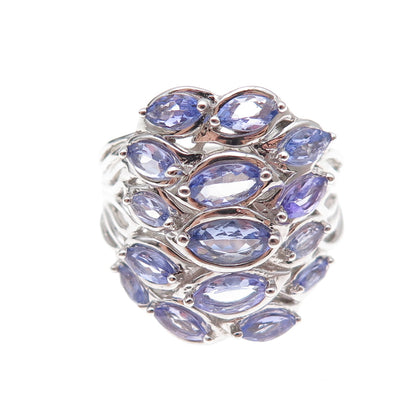 925 Sterling Silver Real Marquise-Cut Tanzanite Cluster Ring Size 8.25