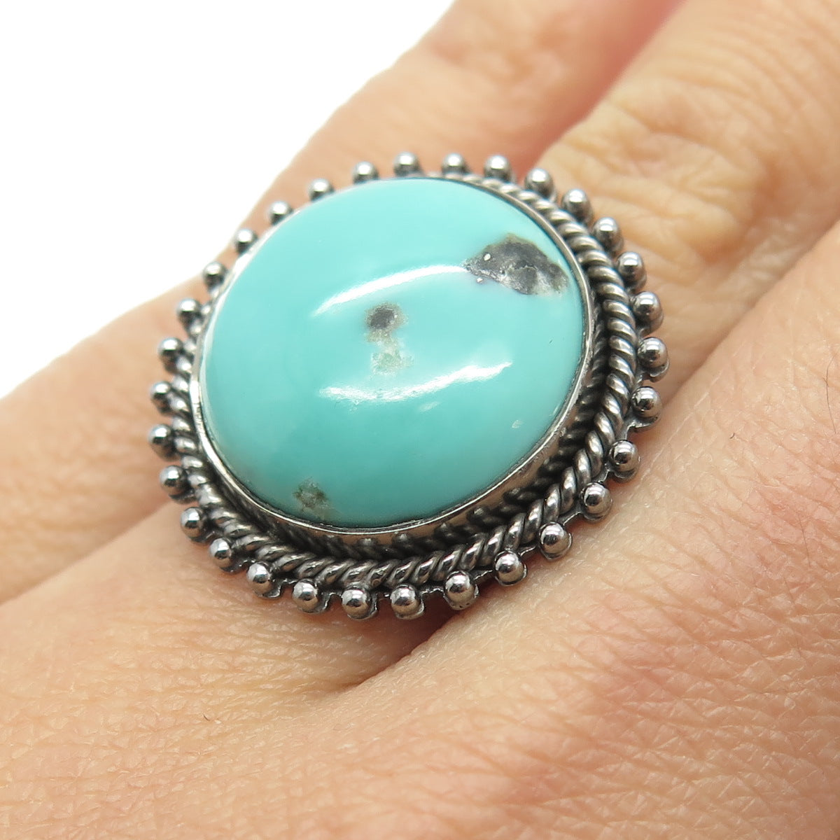 DSMK 925 Sterling Silver Sleeping Beauty Turquoise Beaded Oxidized Ring Size 6.5