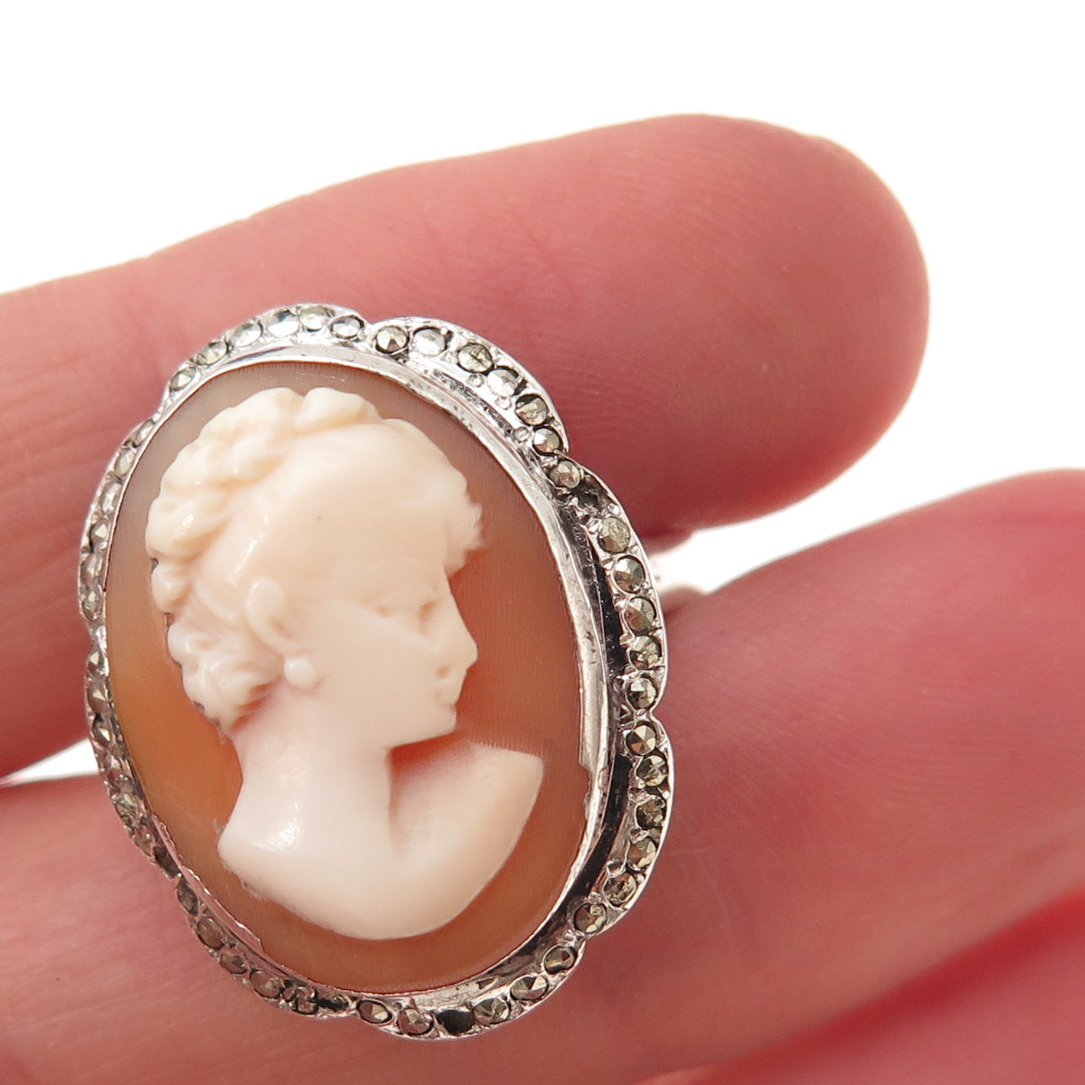 925 Sterling Silver Antique Art Deco Real MOP & Marcasite Lady Cameo Ring Size 9