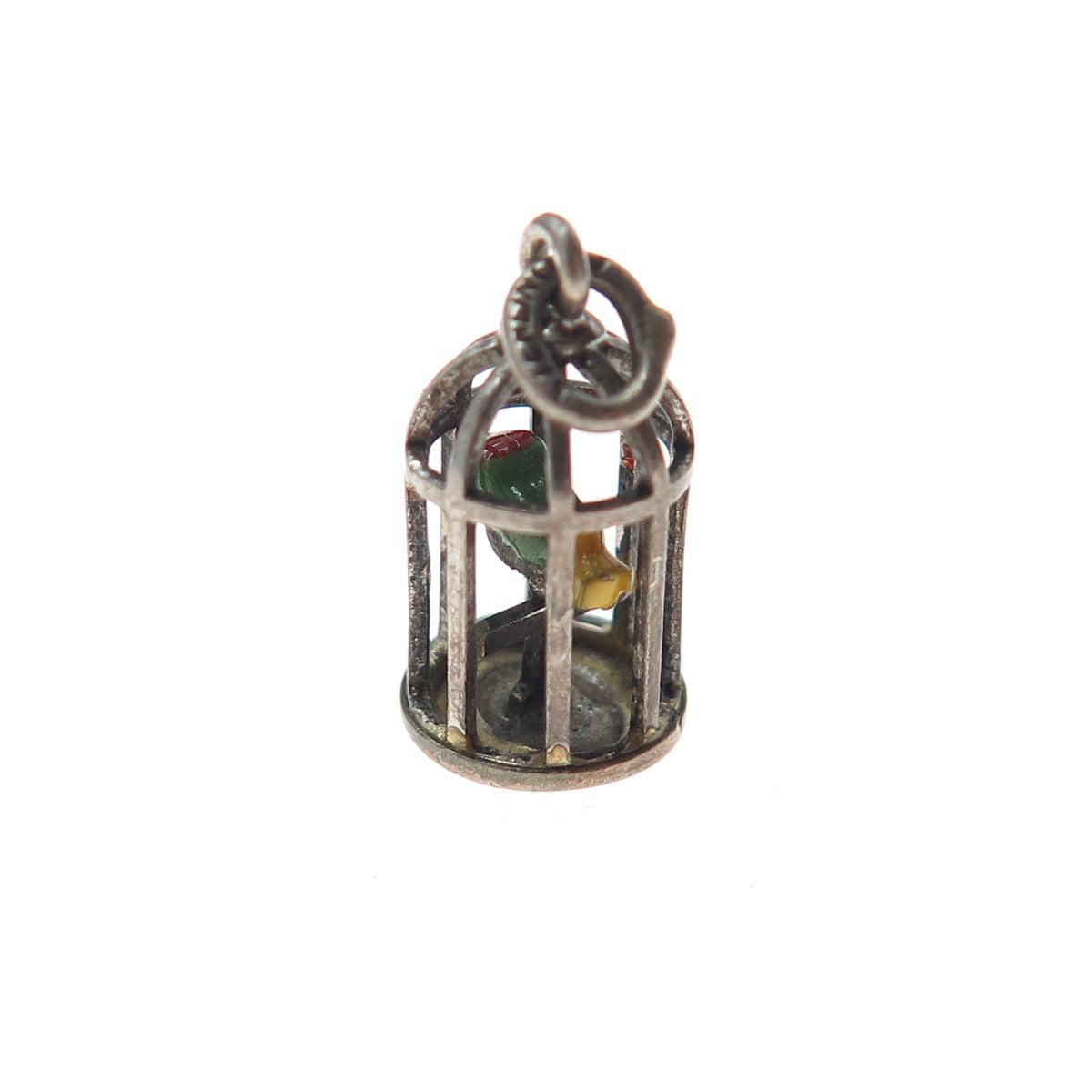 925 Sterling Silver Antique Enamel Bird Cage Oxidized Minimalist 3D Pendant