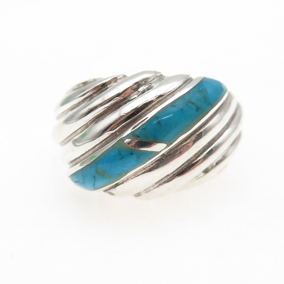 925 Sterling Silver Vintage Real Turquoise Modernist Ribbed Ring Size 10.75